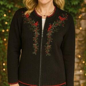 CROFT & BARROW Zip-Front Embroidered Sweater, S